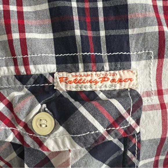 Rolling Paper Brand NYC Rollco Shirt Mens Short Sleeve Sz L Blue Red White Plaid - Picture 5 of 11